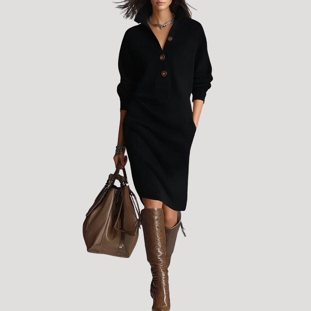 Robe midi femme en maille à col et boutons