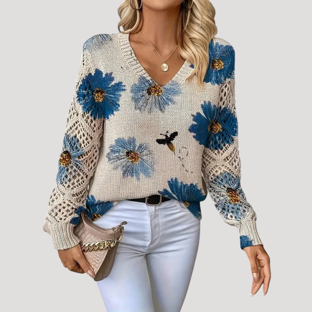 Pull Femme Fleuri Ajouré Col V Décontracté