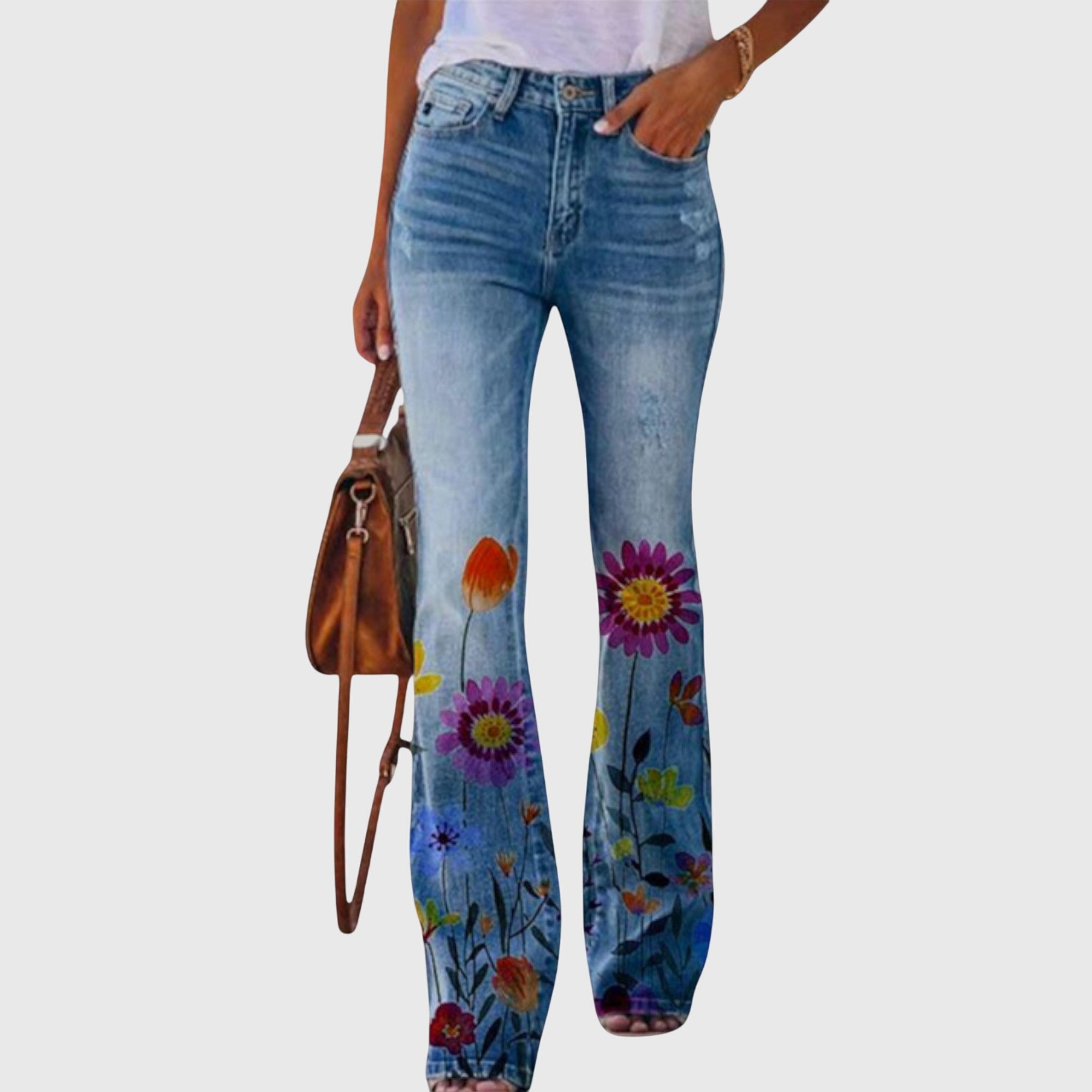 Jean Droit Femme Taille Haute Fleuri