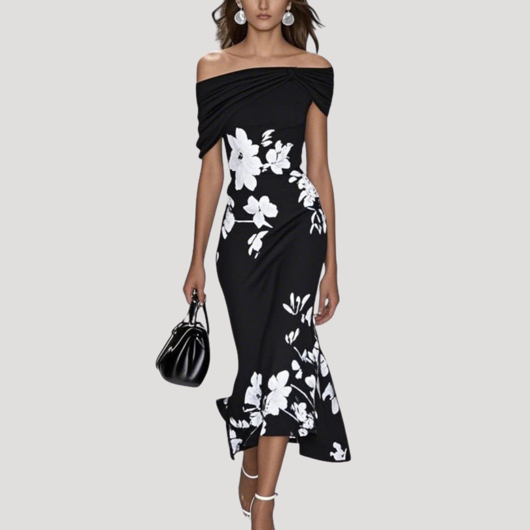 Robe midi femme fleurie élégante à épaules dénudées