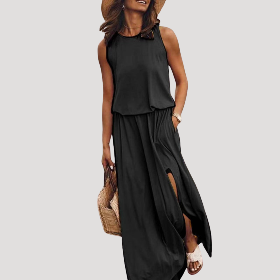 Robe longue fluide sans manches effet superposé
