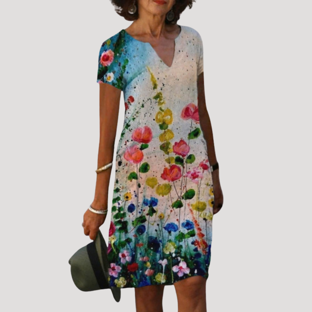 Robe courte col V imprimée florale chic et féminine
