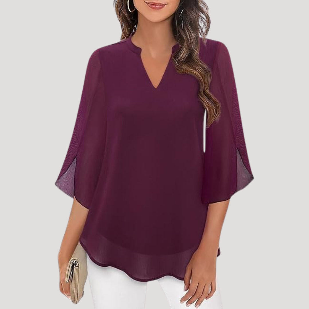Blouse Femme Col V Manches Évasées Élégante