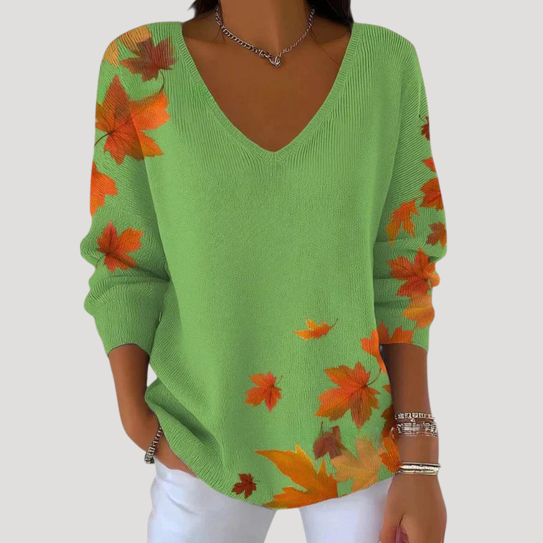 Pull Femme Maille Fine Motif Feuilles Automne