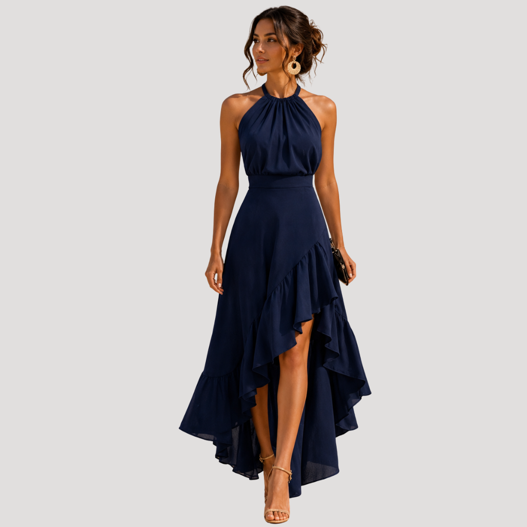Robe Longue Femme Col Halter à Volants Élégante