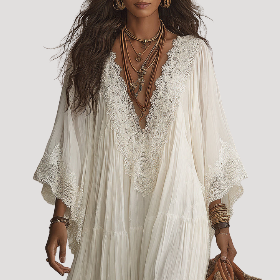 Robe Longue Bohème Femme Col V en Dentelle