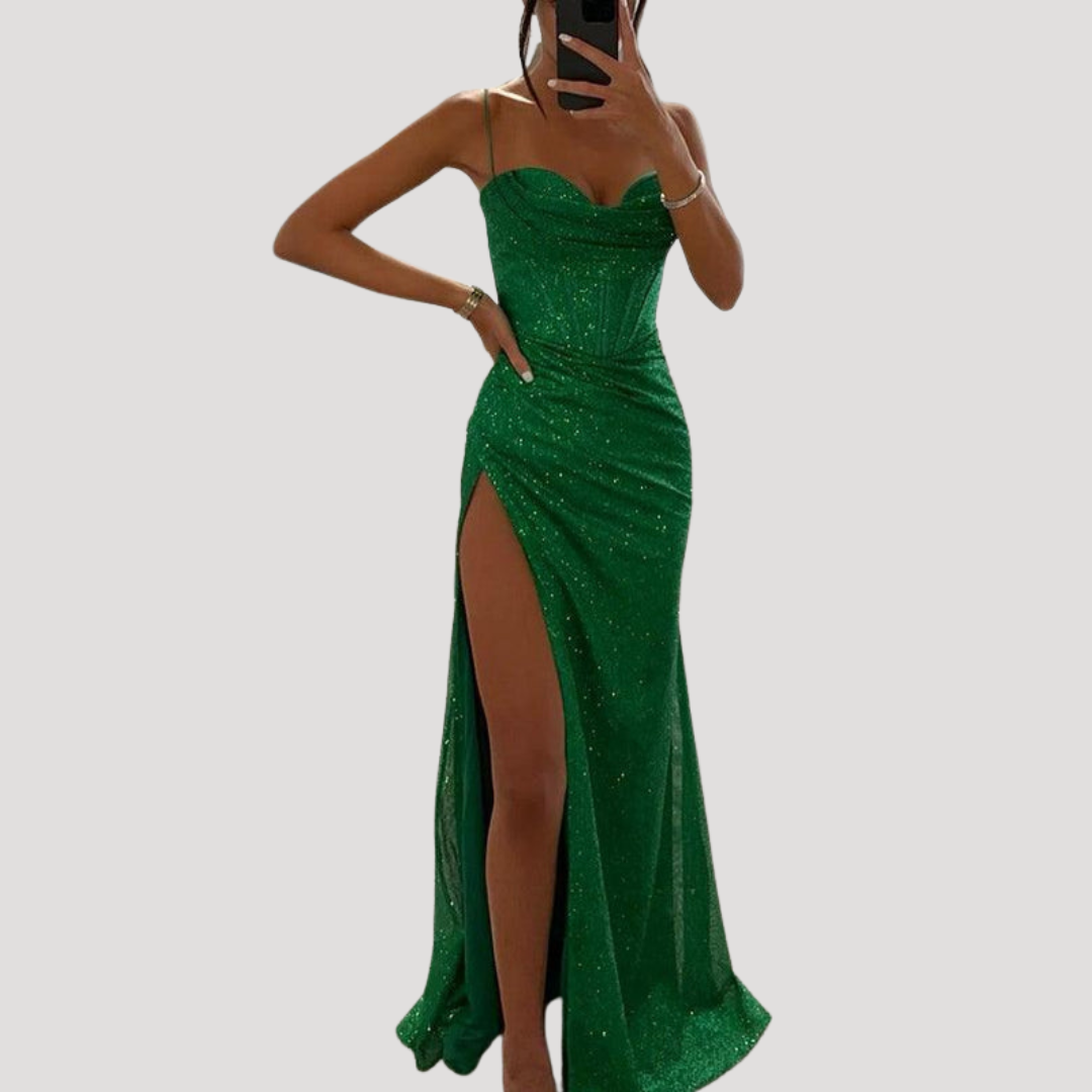 Élégante robe longue de soirée avec fente et bretelles fines