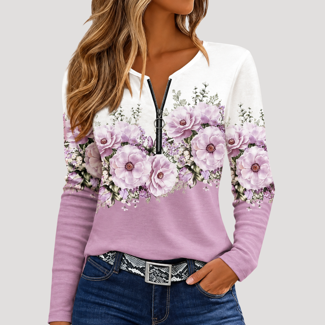 Haut Femme à Motifs, Col en V et Manches Longues