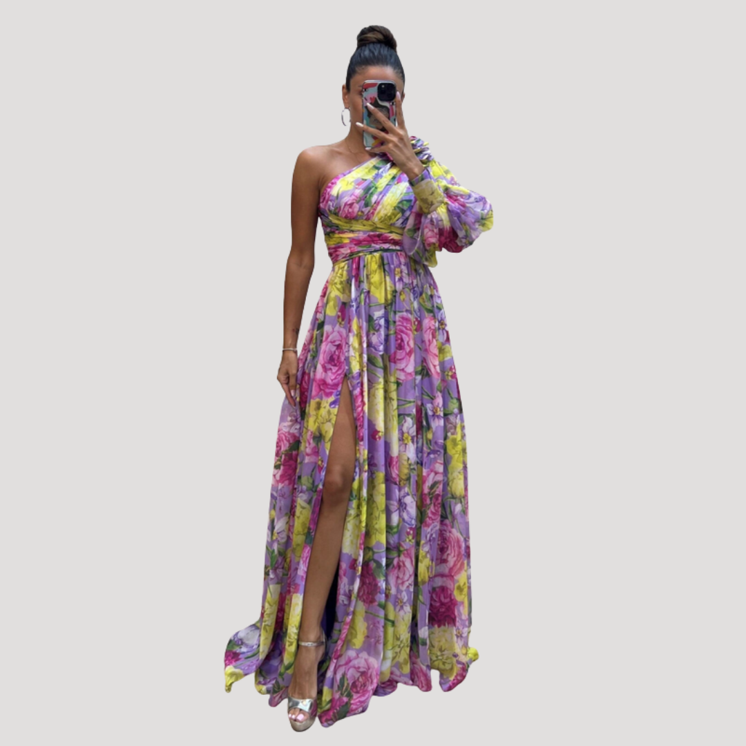 Robe longue fleurie chic asymétrique