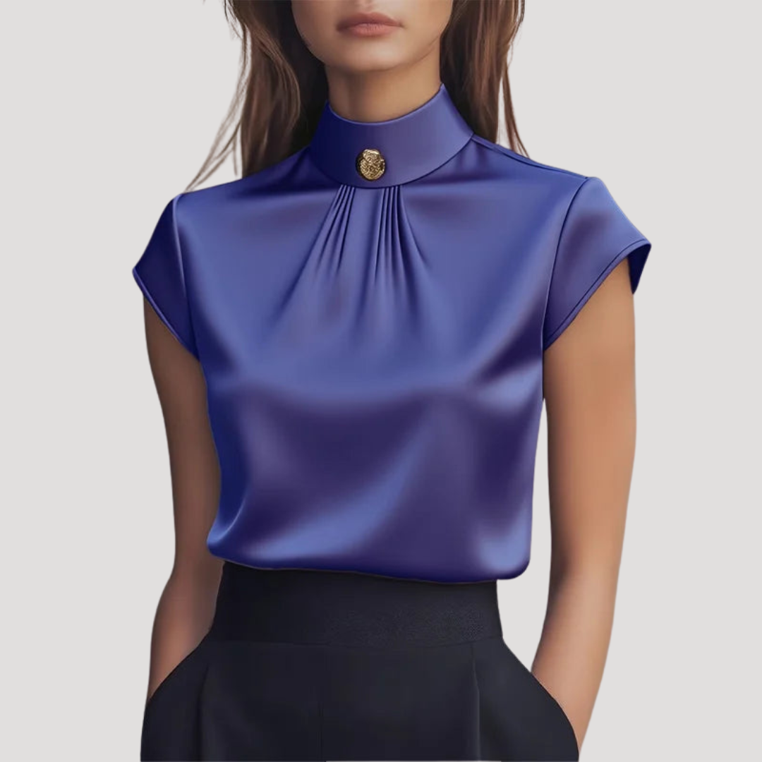 Blouse Femme Col Montant Élégante Manches Courtes
