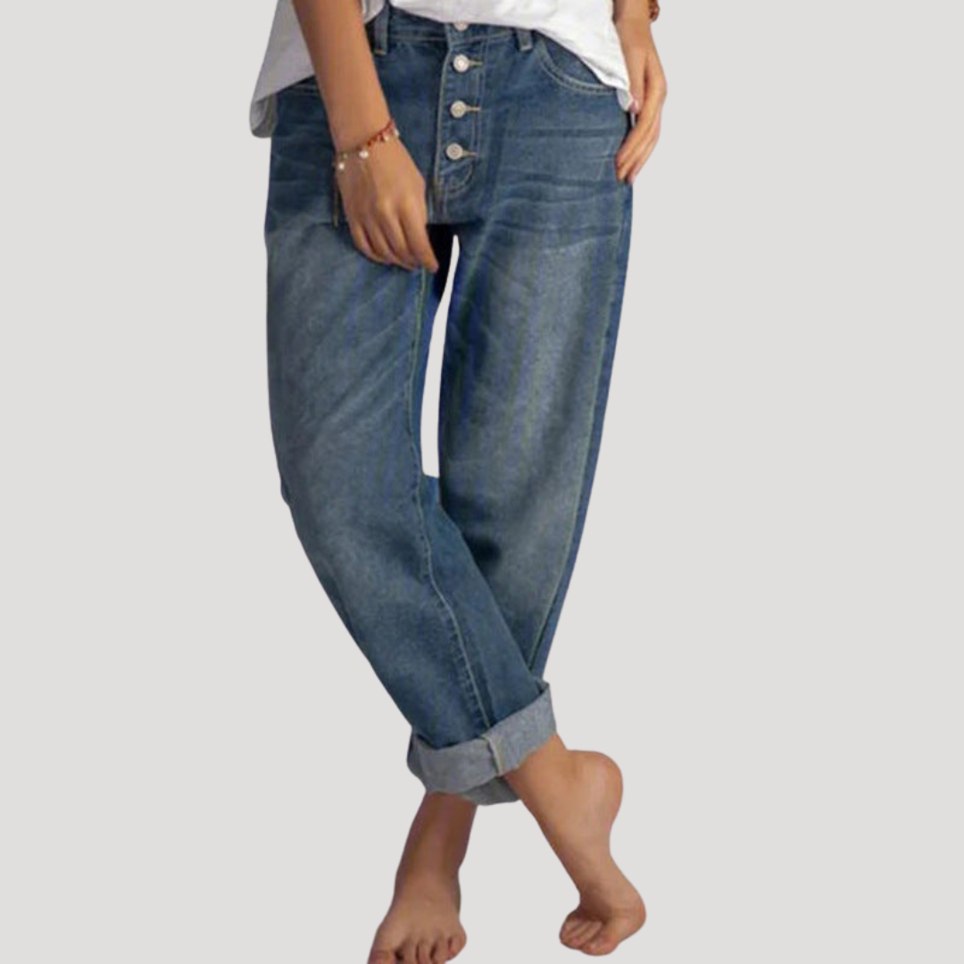 Jean boyfriend femme taille haute à boutons