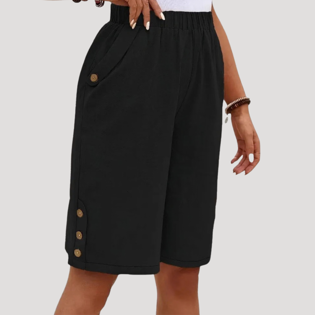 Bermuda Femme Chic Taille Élastique à Boutons Décoratifs
