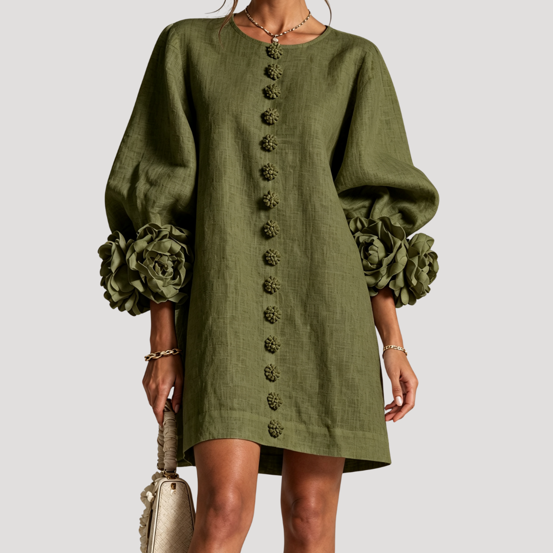 Robe courte femme à manches bouffantes et détails fleuris