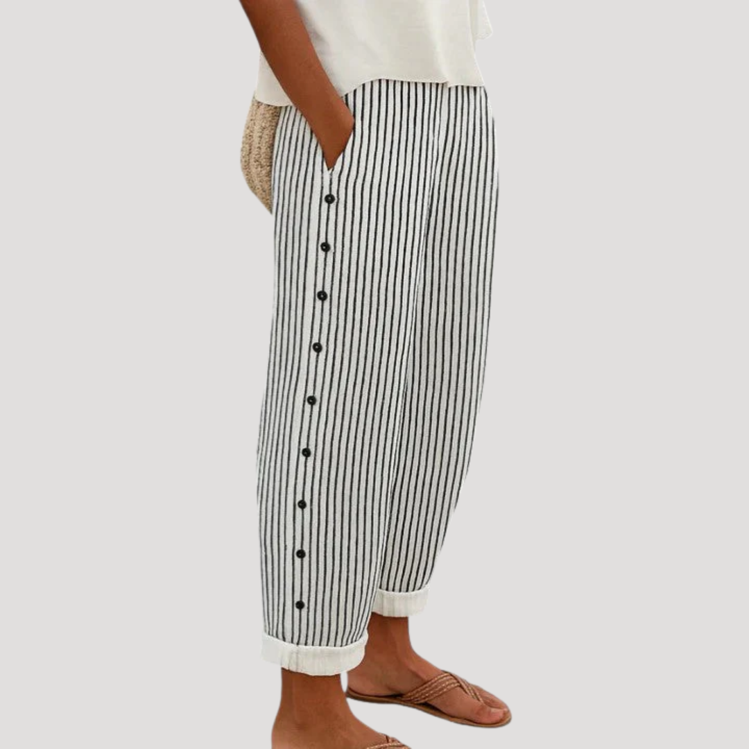 Pantalon Femme Rayé Boutons Décontracté