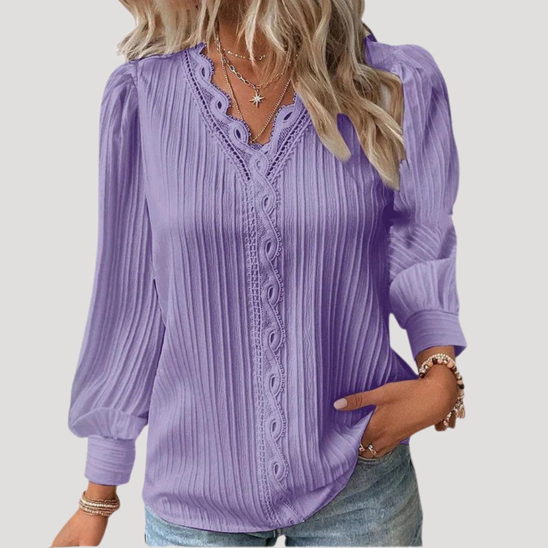 Blouse Femme Plissée Dentelle Col V Élégante
