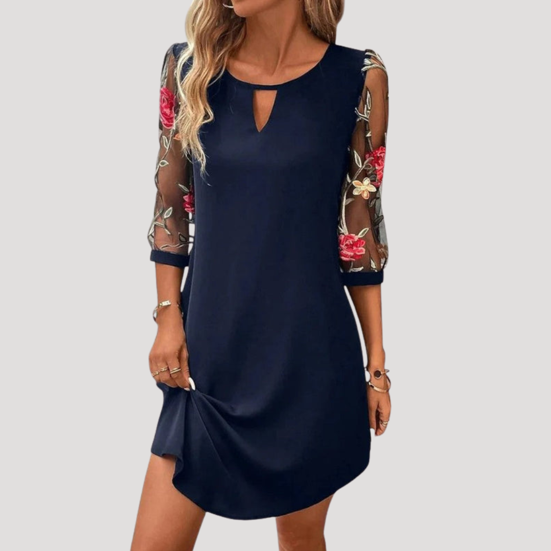 Robe Droite Femme Brodée Manches Transparentes