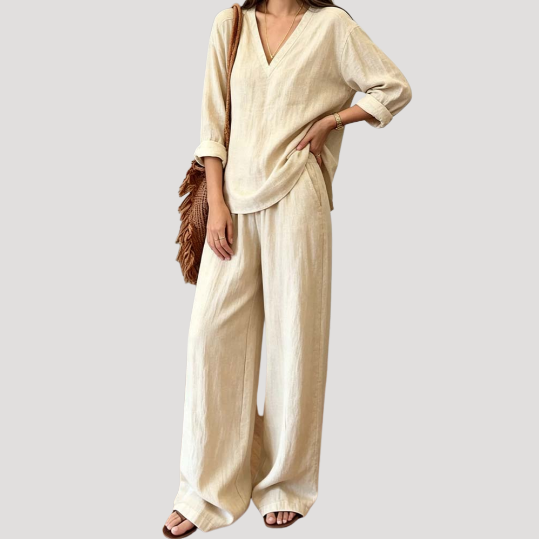 Ensemble Vacances Femme Haut Col V et Pantalon Large