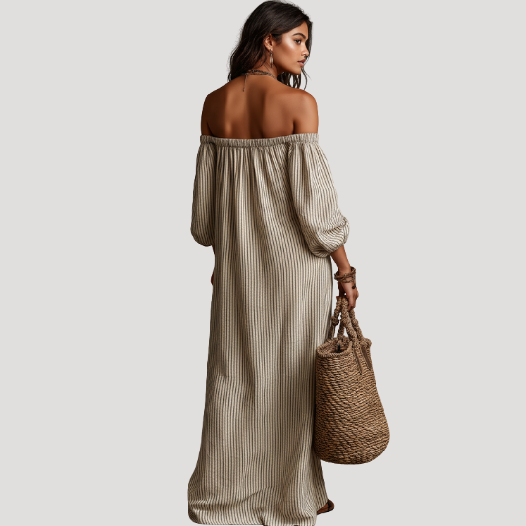 Robe Longue Épaules Dénudées Rayée Bohème