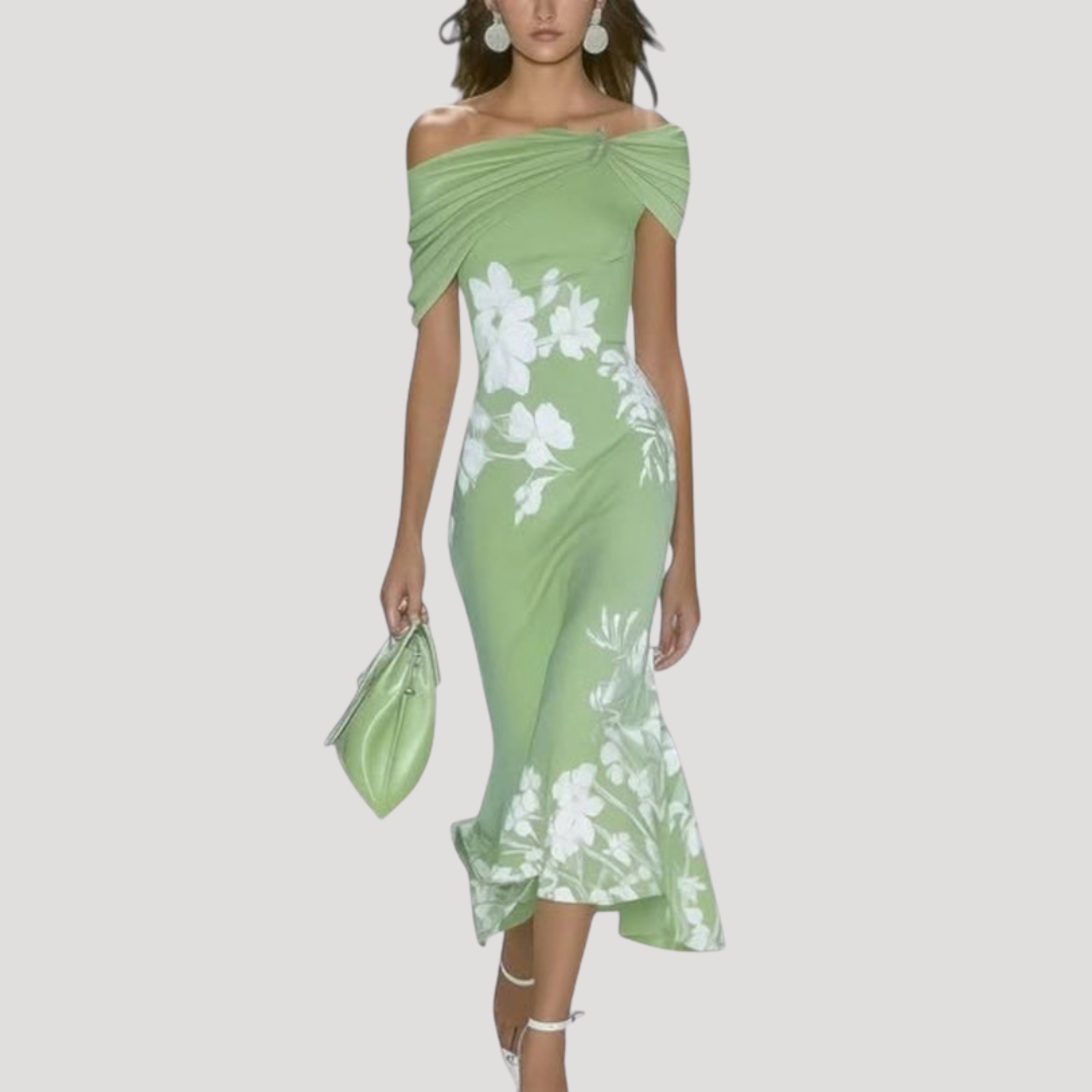 Robe midi femme fleurie élégante à épaules dénudées