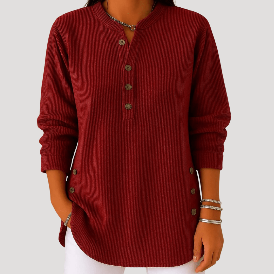 Blouse femme côtelée manches longues à boutons