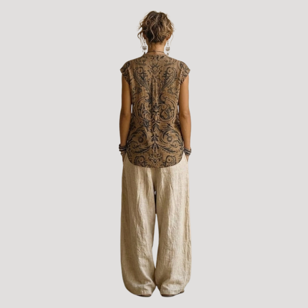 Ensemble en Lin Assorti de Vacances Femme