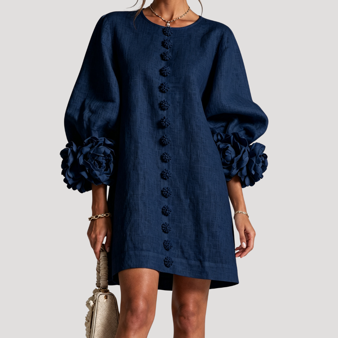 Robe courte femme à manches bouffantes et détails fleuris