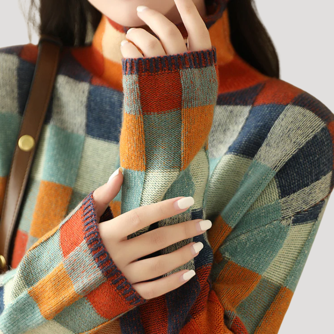 Pull Femme à Carreaux Col Montant