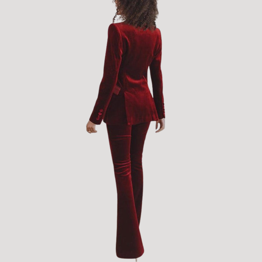 Tailleur Femme en Velours à Blazer Ajusté et Pantalon Évasé