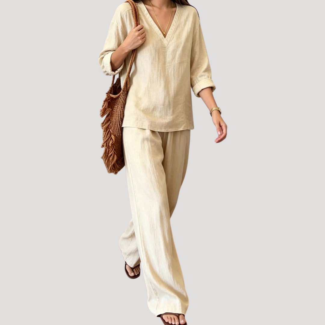 Ensemble Vacances Femme Haut Col V et Pantalon Large