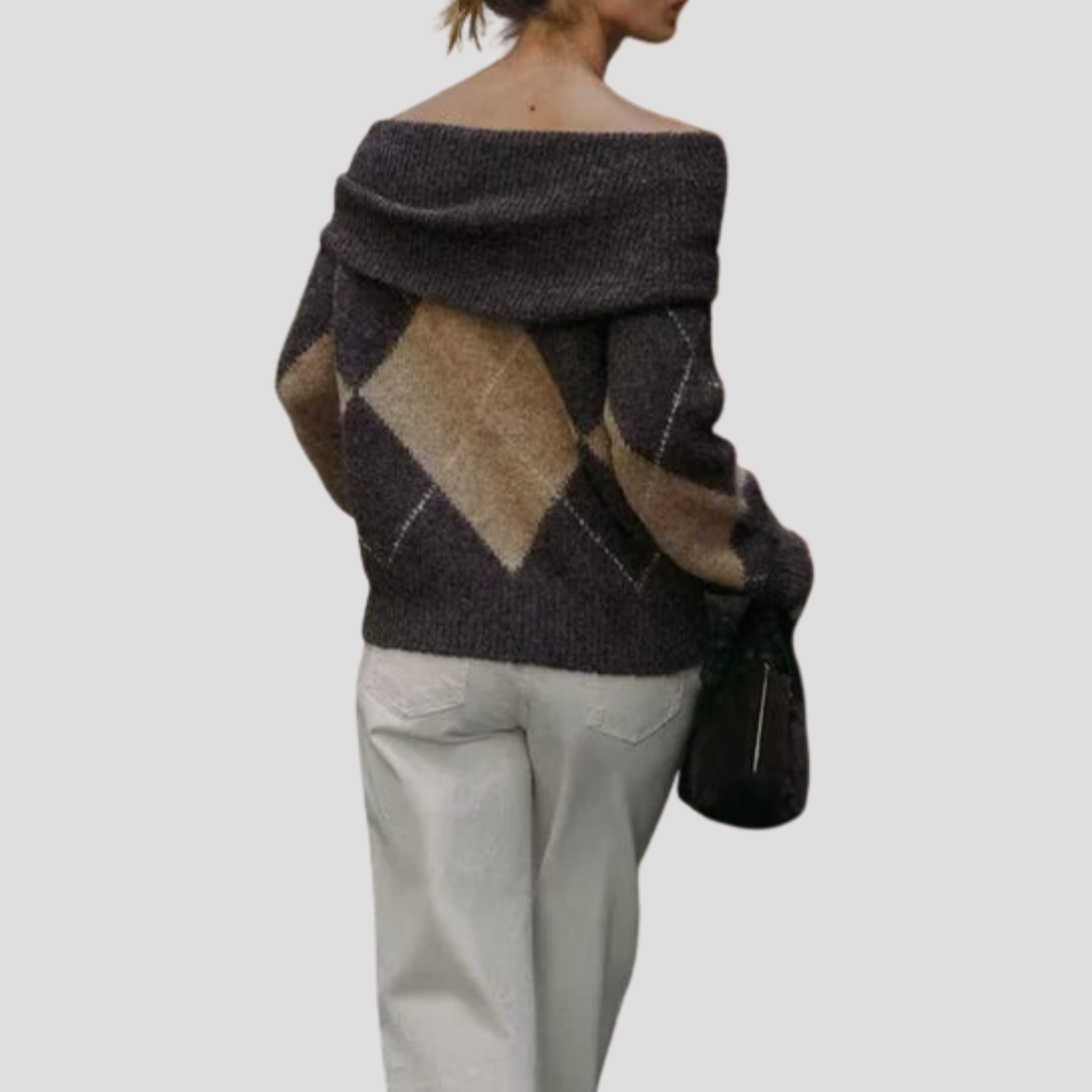 Pull Femme Argyle Épaules Dénudées