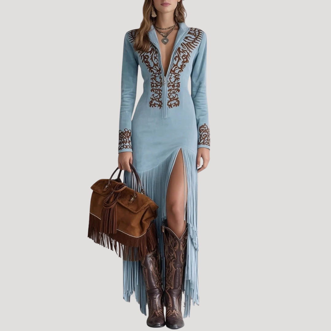 Robe longue à franges fendue élégante