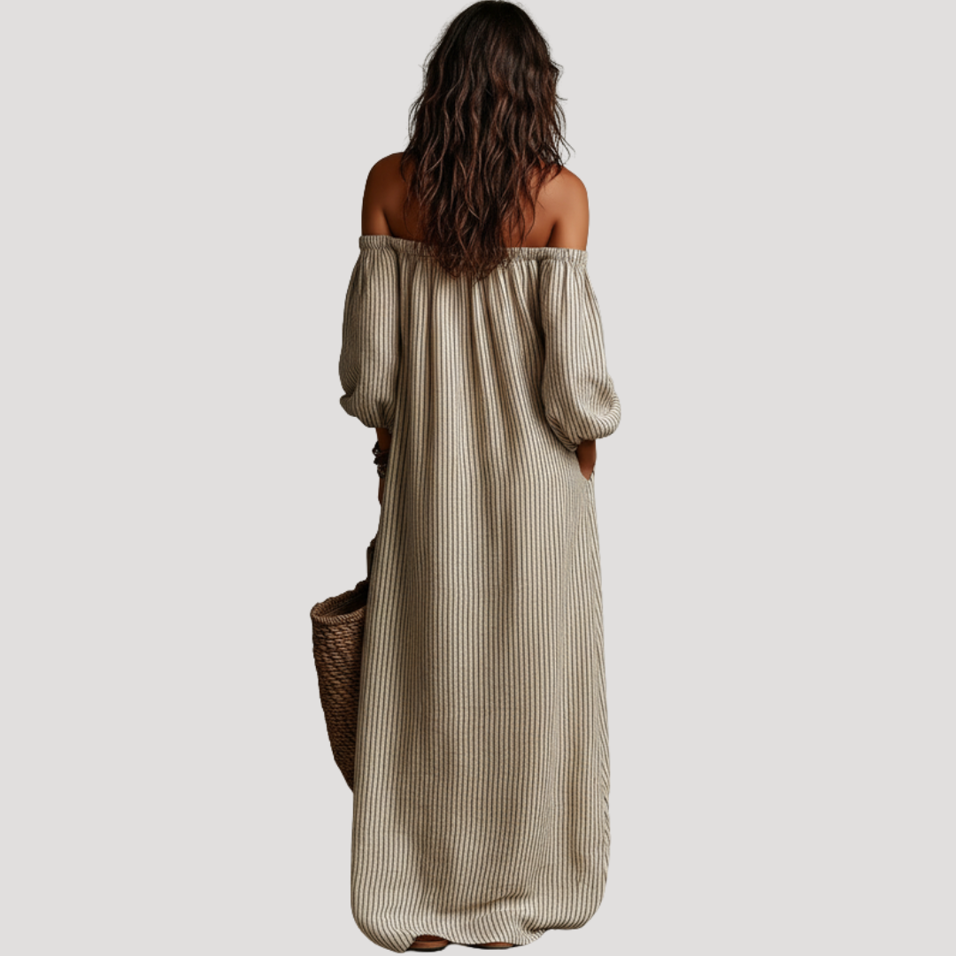 Robe Longue Épaules Dénudées Rayée Bohème