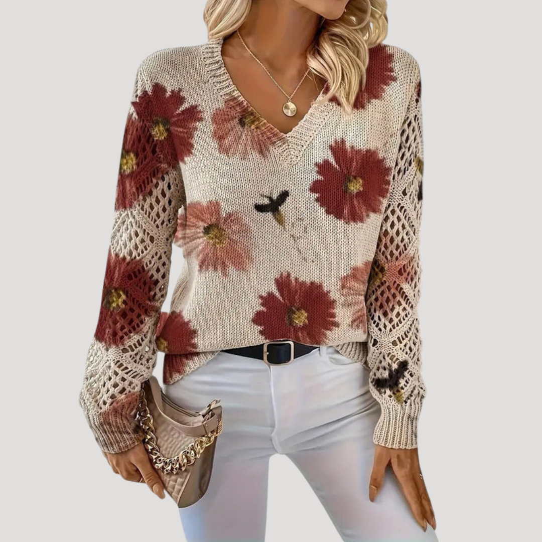 Pull Femme Fleuri Ajouré Col V Décontracté