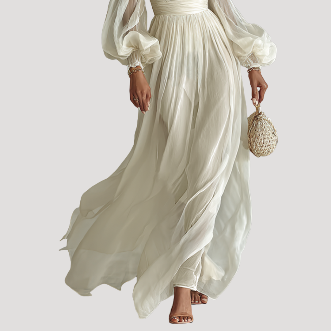 Robe Longue Femme Épaules Dénudées Manches Bouffantes