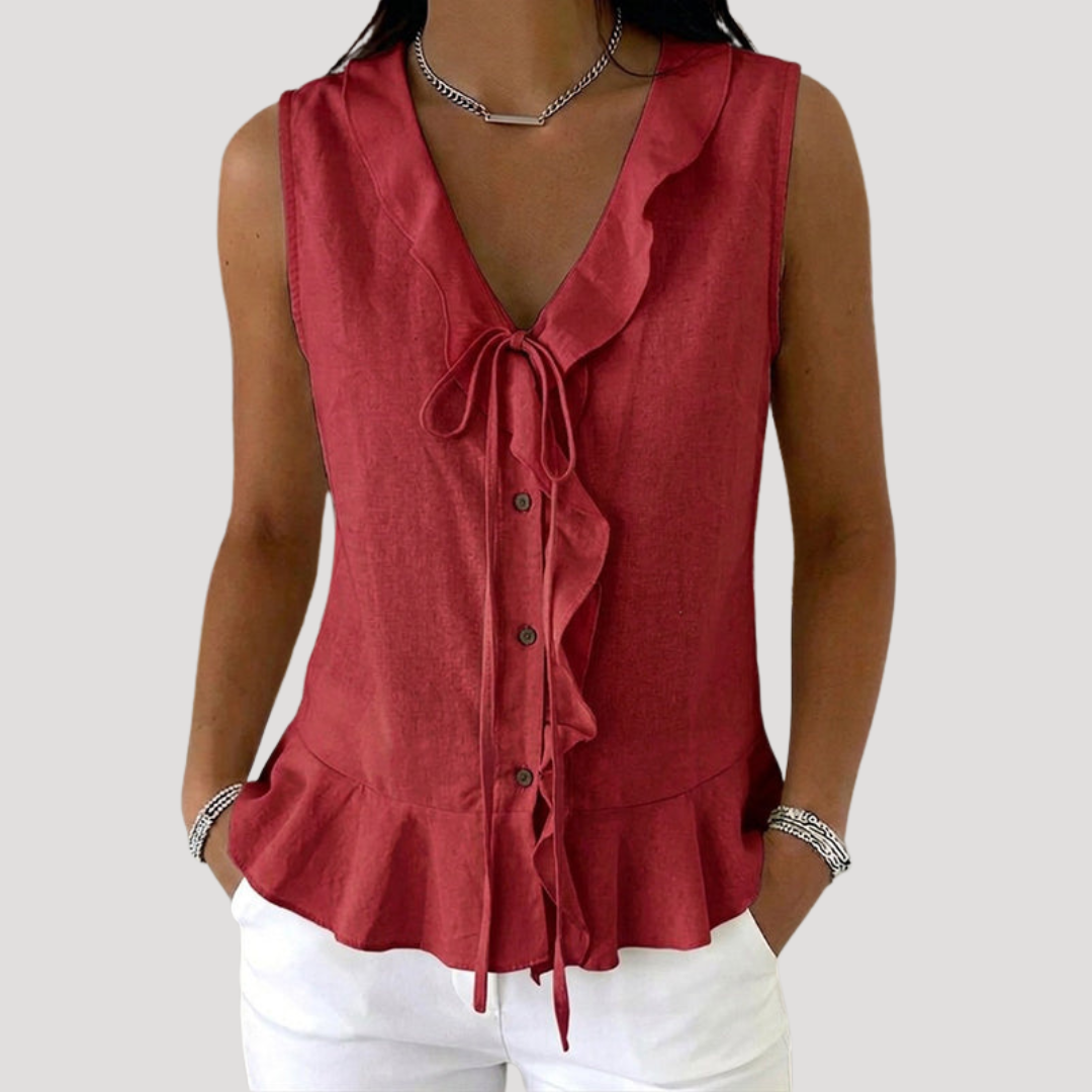 Blouse Sans Manches Col Noué à Volants Femme