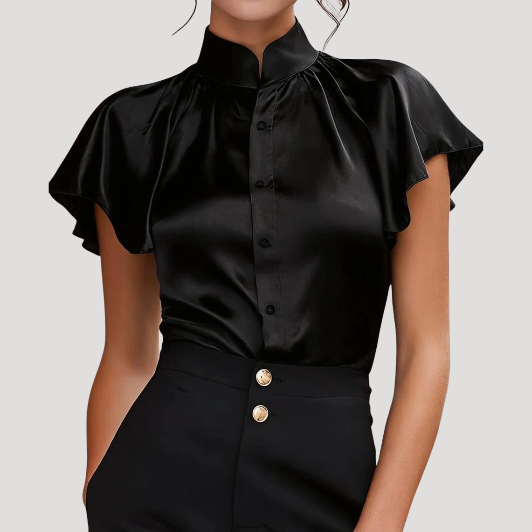 Blouse Satinée Femme Élégante à Col et Manches Volantées
