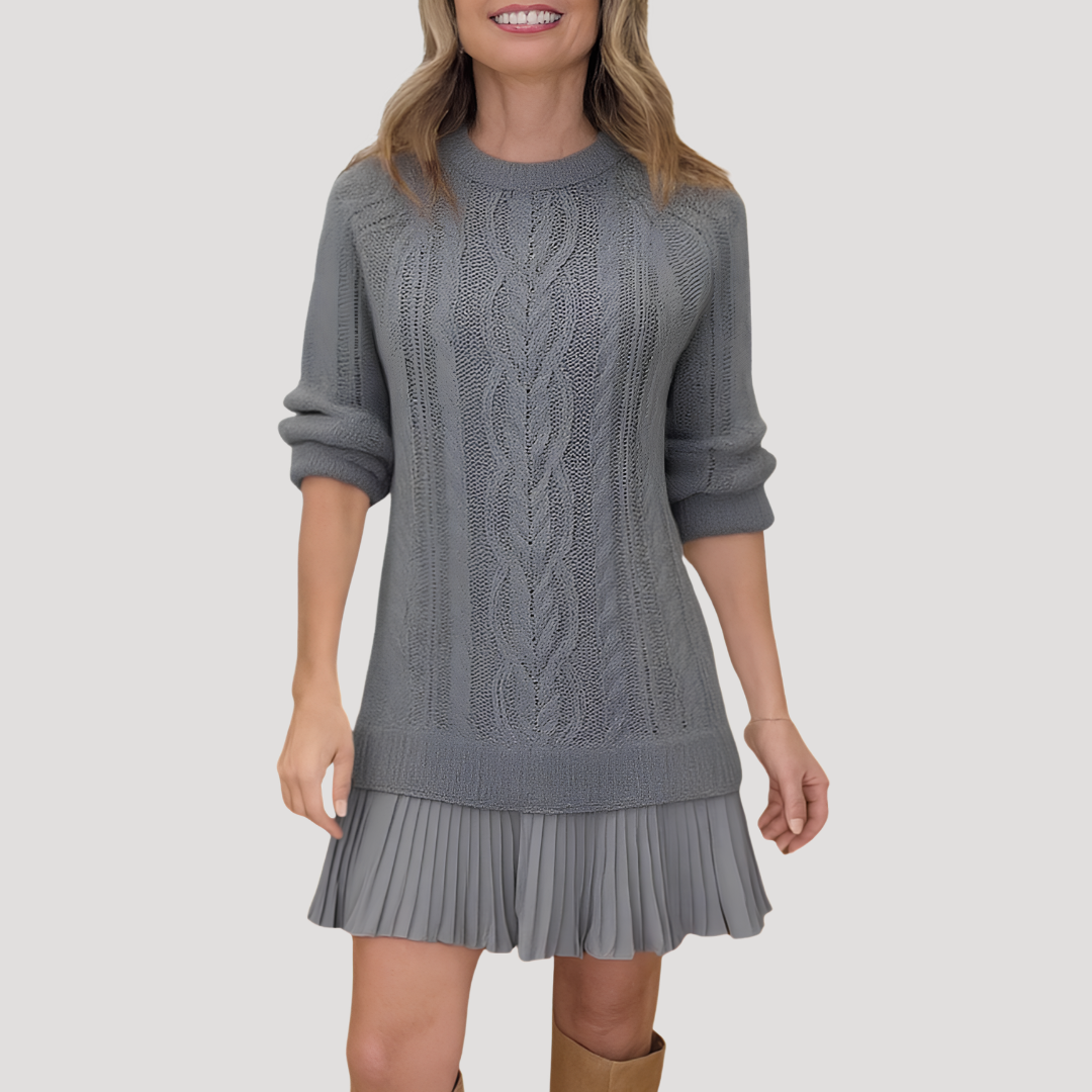 Robe Mini Femme en Maille Torsadée à Ourlet Plissé