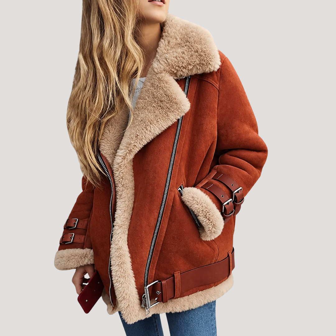 Veste Biker Femme Zippée avec Doublure Peluche