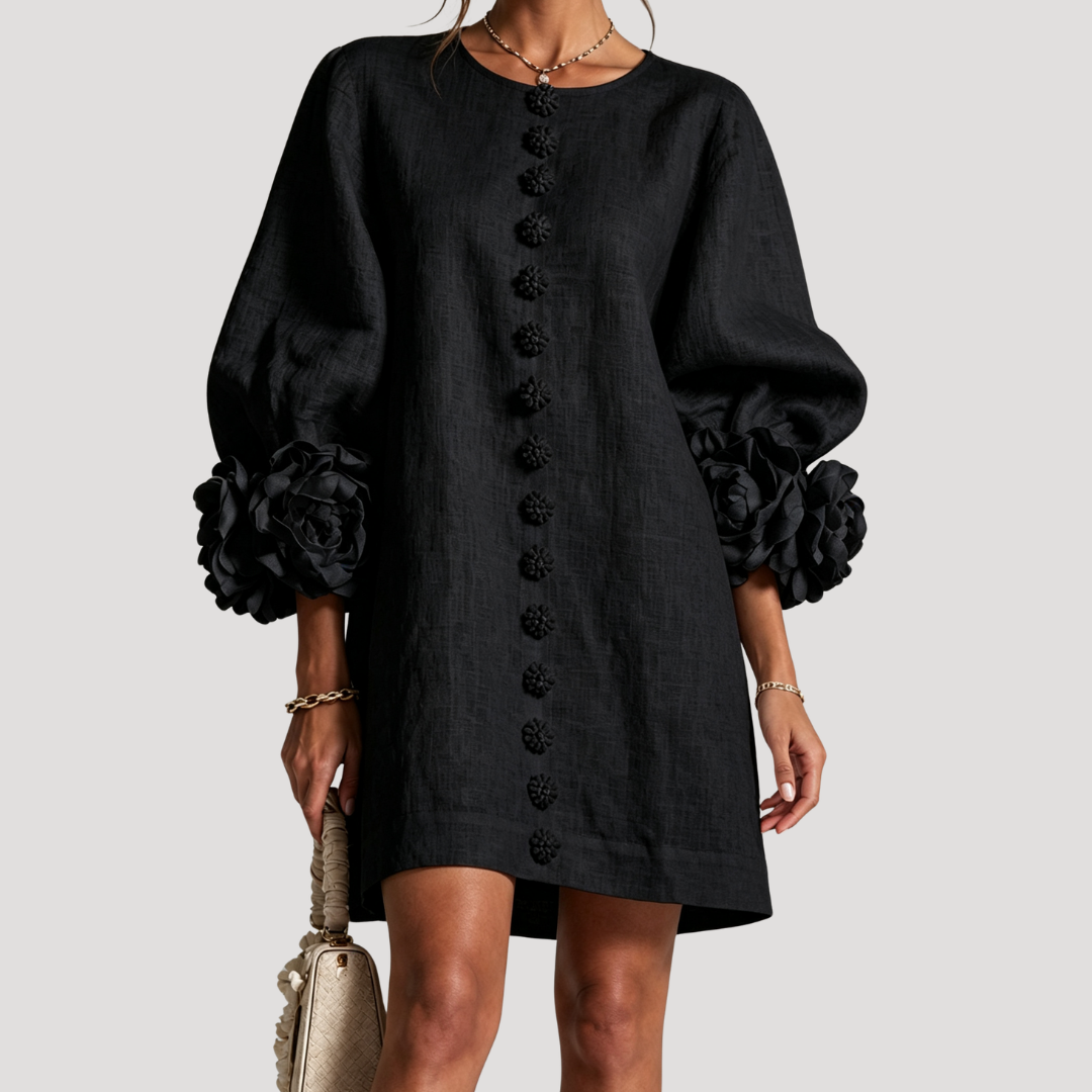 Robe courte femme à manches bouffantes et détails fleuris