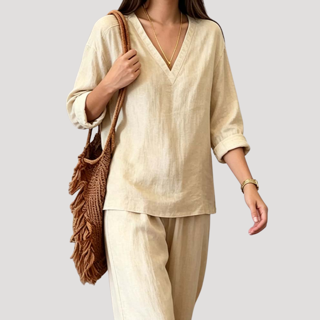 Ensemble Vacances Femme Haut Col V et Pantalon Large