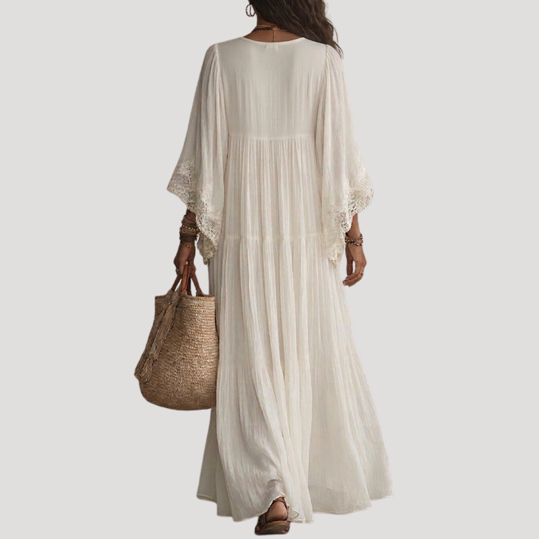 Robe Longue Bohème Femme Col V en Dentelle