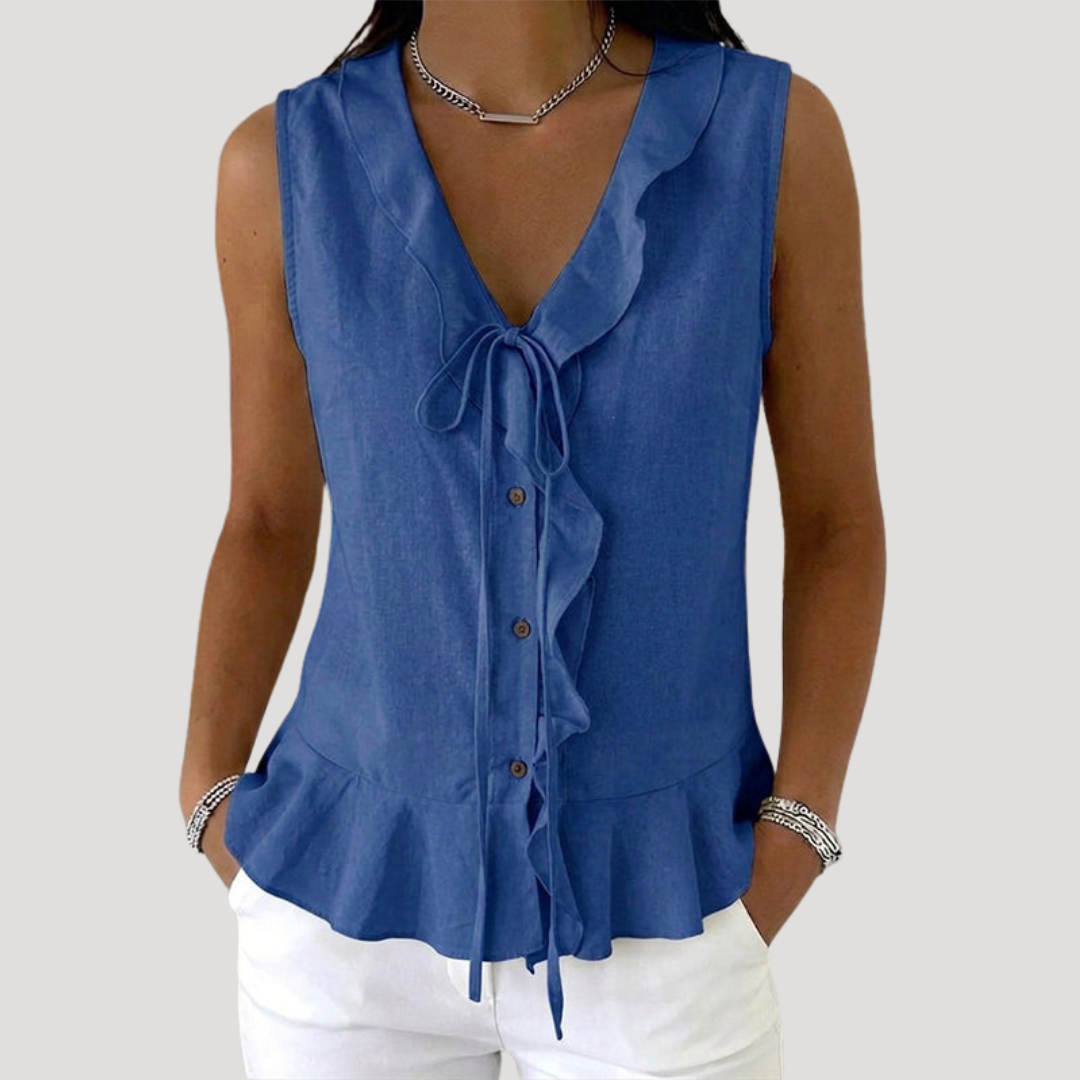 Blouse Sans Manches Col Noué à Volants Femme