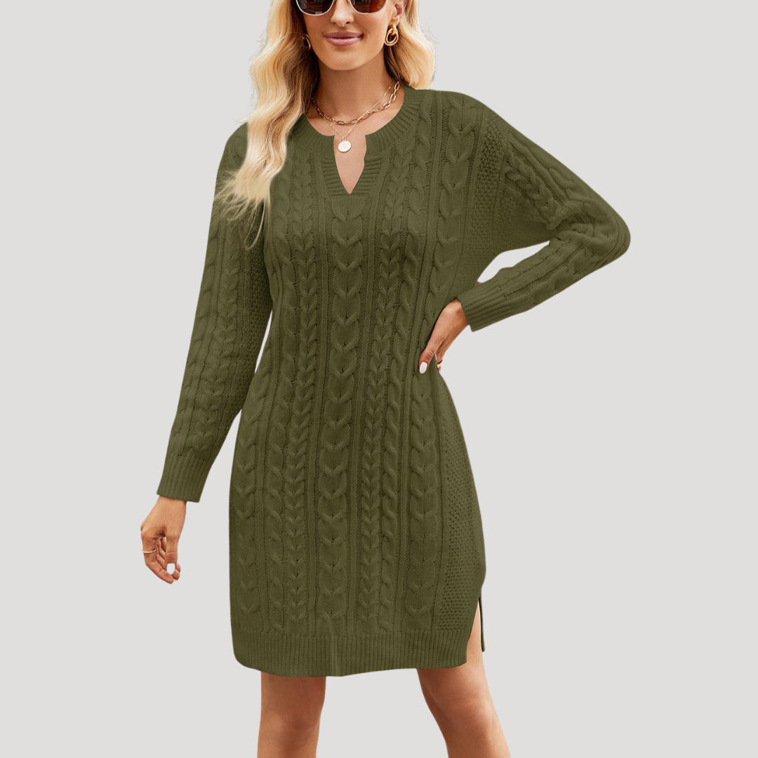 Robe Midi Femme en Maille Torsadée Manches Longues