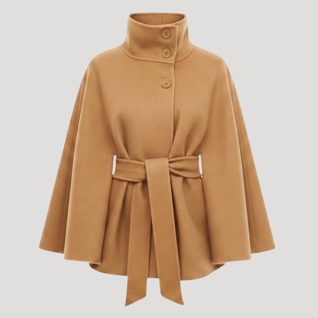 Manteau cape femme ceinturé à col montant