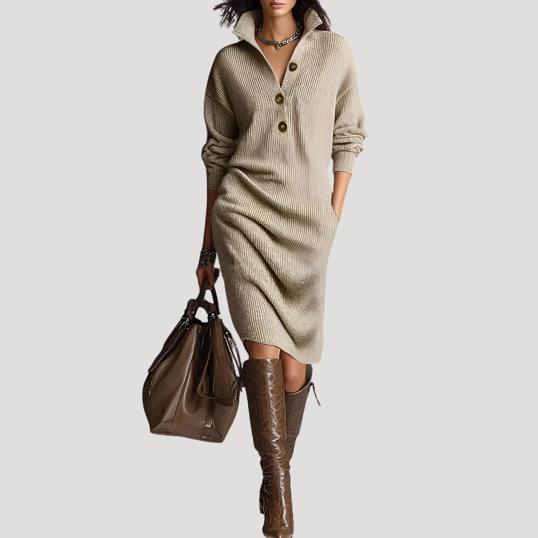 Robe midi femme en maille à col et boutons