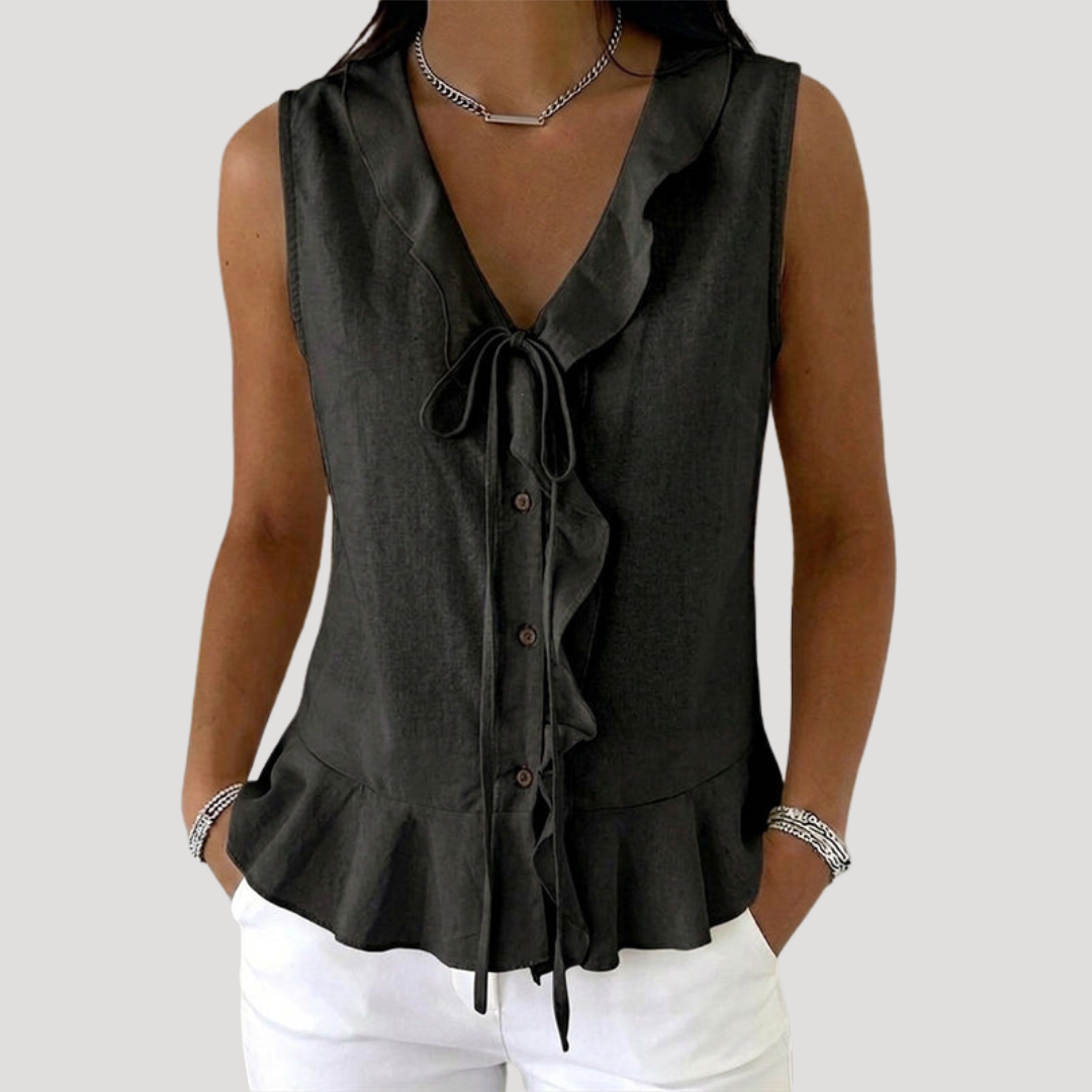 Blouse Sans Manches Col Noué à Volants Femme