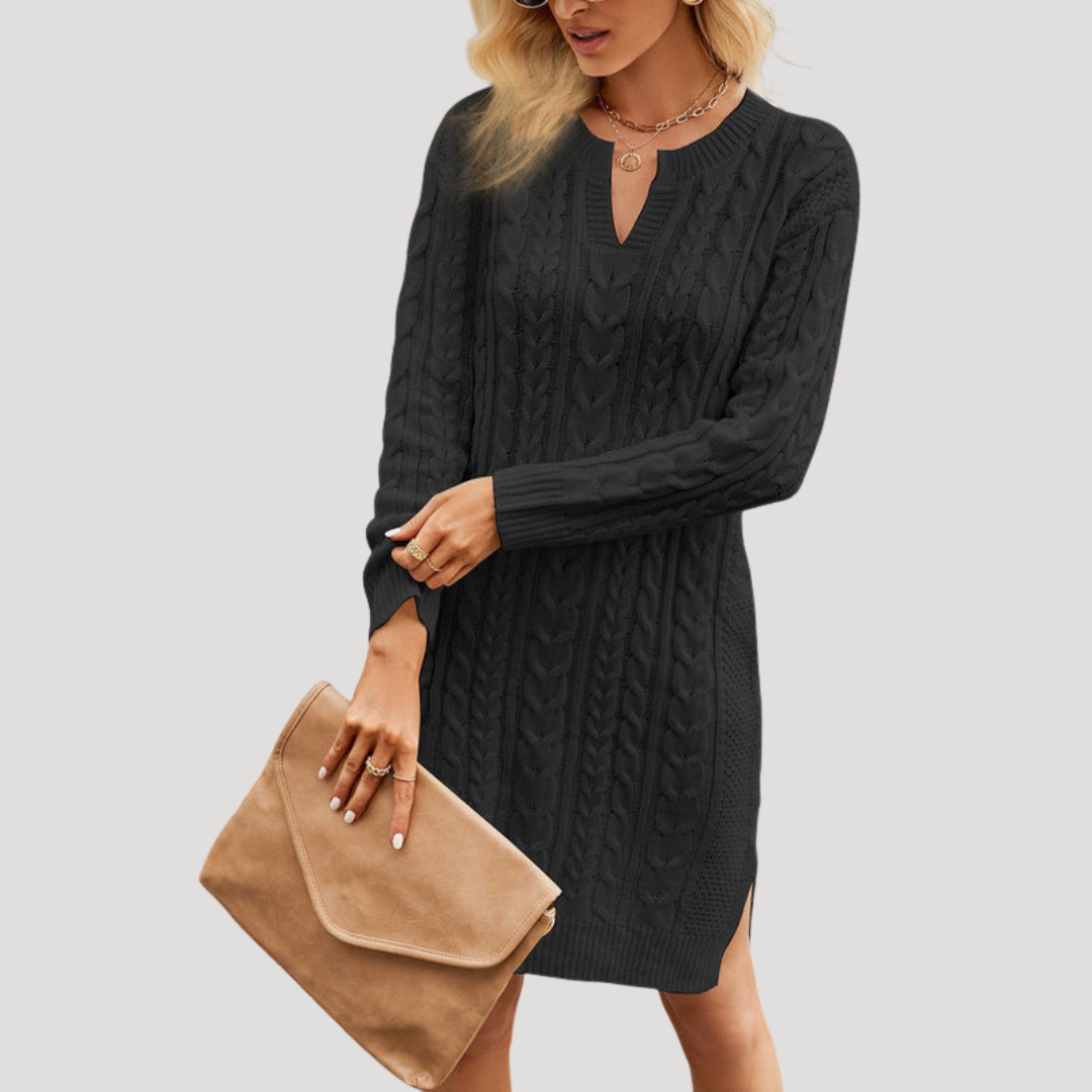 Robe Midi Femme en Maille Torsadée Manches Longues