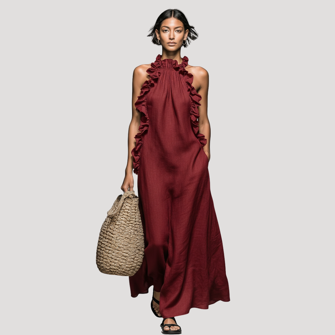 Robe Longue d'Été Sans Manches Col Montant Femme