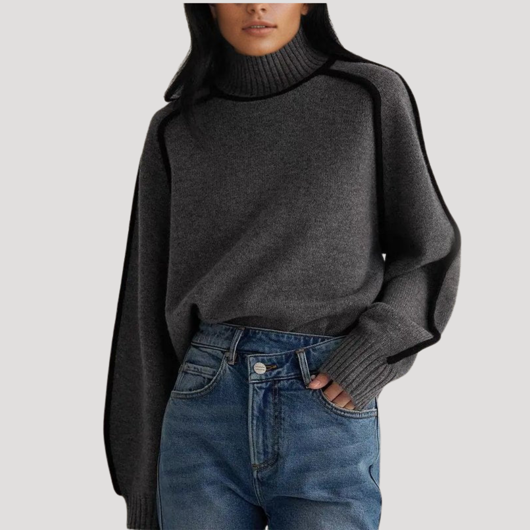 Pull Femme Col Montant à Bordures Contrastées