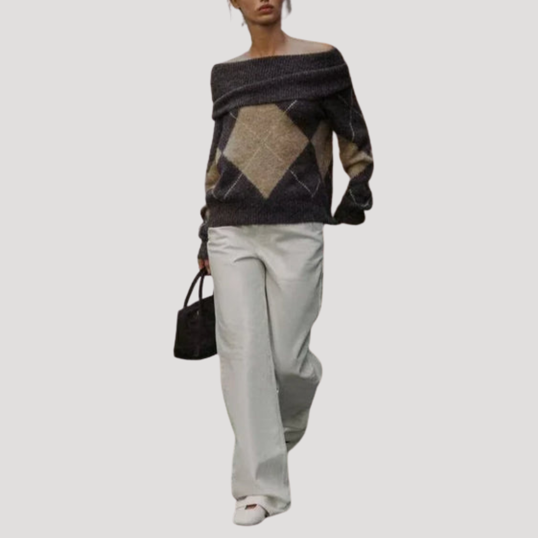 Pull Femme Argyle Épaules Dénudées